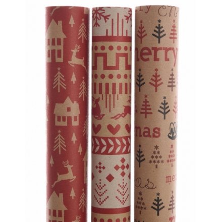 Red/Brown Giftwrap, 3 Assorted