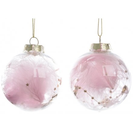 Pack of 3 Pink Feather Baubles 2 Assorted