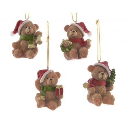 Four Assorted Christmas Bear Hangers, 4.4cm