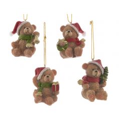 A mix of 4 cute hanging bear decorations with Christmas hats and festive gifts.