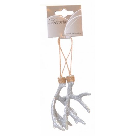 Pair Of Silver Glitter Antlers On Rope Hangers