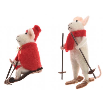 An assortment of 2 adorable felt mouse decorations with red winter outfits and a sleigh or skis.