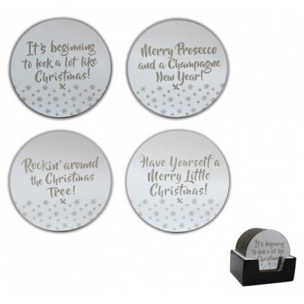 A set of 4 large silver and glass festive slogan candle plates. A stunning gift and decorative item for the home.