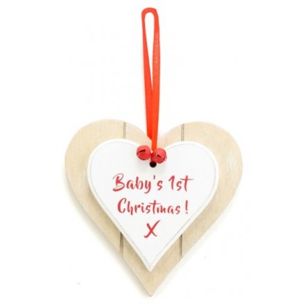 Double Heart Wooden First Christmas Plaque 