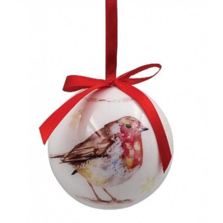 A set of 6 fine quality baubles with red ribbon to hang. Each has a watercolour robin motif and a picture gift box.