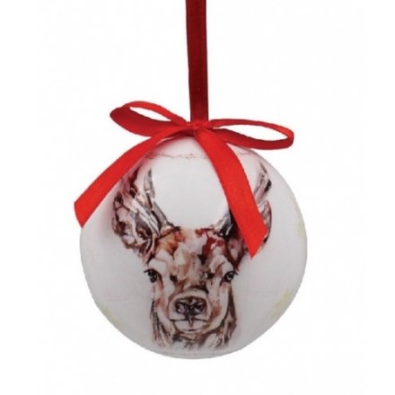 A set of 6 fine quality baubles with a winter stag design and a festive red ribbon to hang.