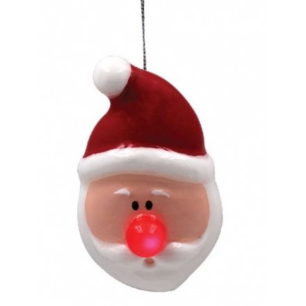 A cute and fun Santa face bauble with a flashing LED red nose. A must have festive item this season.