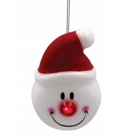 A cute and fun Snowman face bauble with a flashing LED red nose. A must have festive item this season.