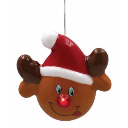 A cute and fun Reindeer face bauble with a flashing LED red nose. A must have festive item this season.