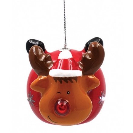 A Reindeer bauble with a flashing LED nose