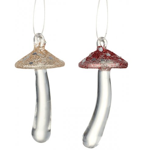 Gold and red glitter glass mushrooms decorated with silver sequins.