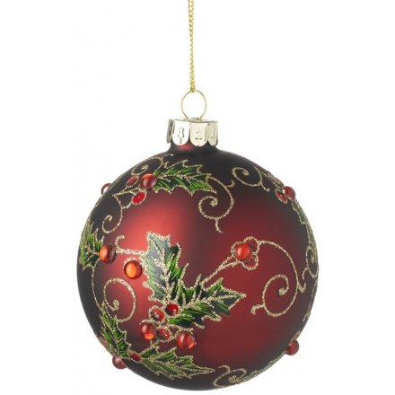 Red Glass Bauble With Holly Design 8cm