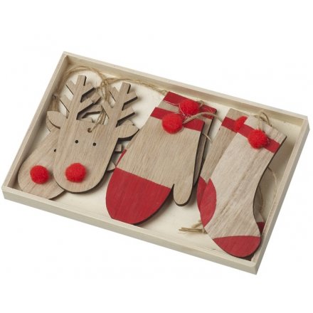 Box Of 6 Wooden Hanging Decorations