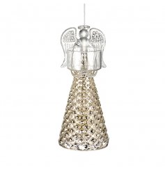 A diamond ridged glass hanging angel with candle holding abilities 