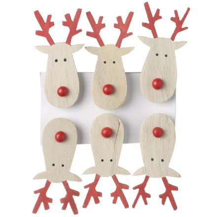 Pack of 6 Red Nose Reindeer Head Pegs