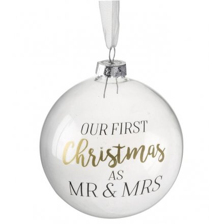  A clear glass bauble featuring a scripted text decal, perfect for any newly weds at Christmas 