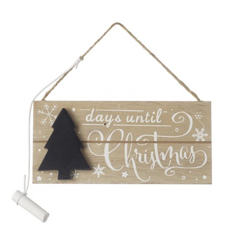 A rustic wooden days until Christmas countdown sign with a tree shaped chalkboard and pretty snowflake design.