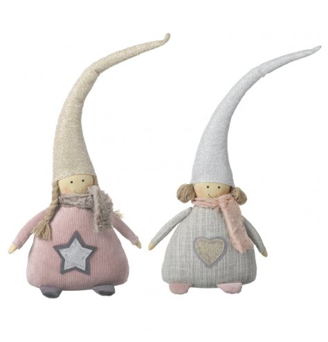 Assorted pink nordic girl decorations with long pointed hats and faux fur scarves. Each has a glittery star or heart