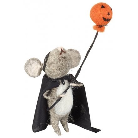 This cool little felt mouse is ready for the scary night of halloween! Complete with his cape and mask and little pumpki