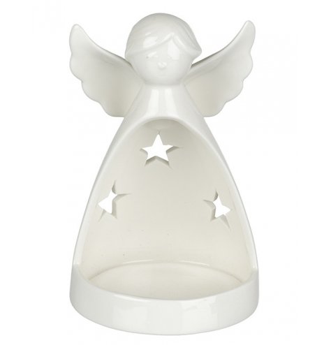 A chic and contemporary angel t-light holder with open wings and stars. 