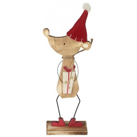 Wooden Mouse Holding Present Christmas Decoration