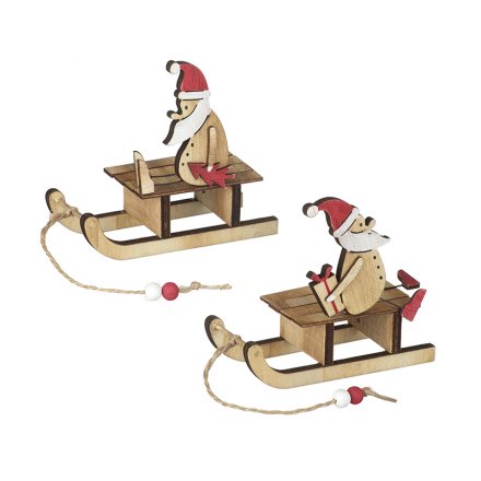 Two Santa And Sleigh Wooden Decorations