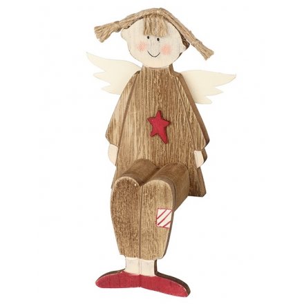Wooden sitting angel with red star