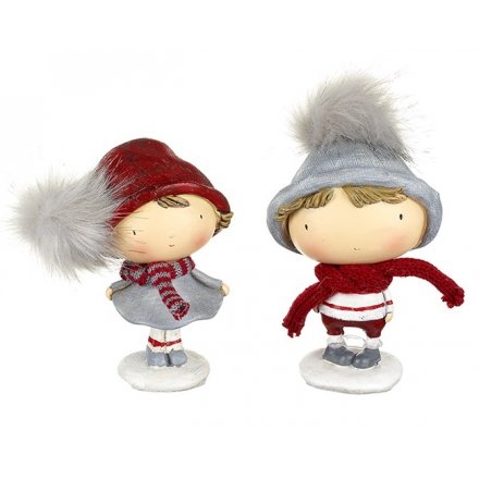 Boy And Girl Standing Figurines In Fluffy Hats, 2 Assorted.