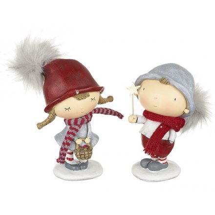 Boy And Girl In Winter Hats Standing Figurines
