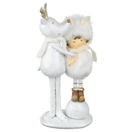 Reindeer Cuddles Little Girl On A Snowball