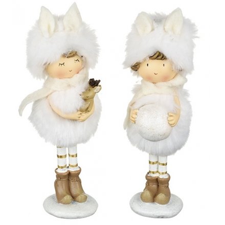 2 Assorted White Fluffy Little Girl Resin Figurine