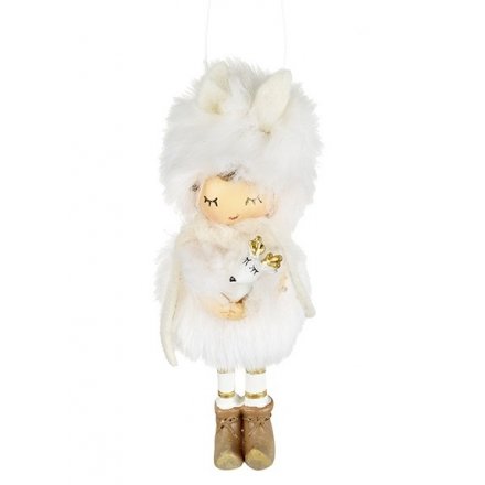 Girl In Fluffy White Fur Hanging Decoration