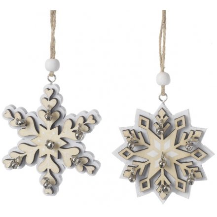 Hanging Wooden Star And Snowflake Bells Mix