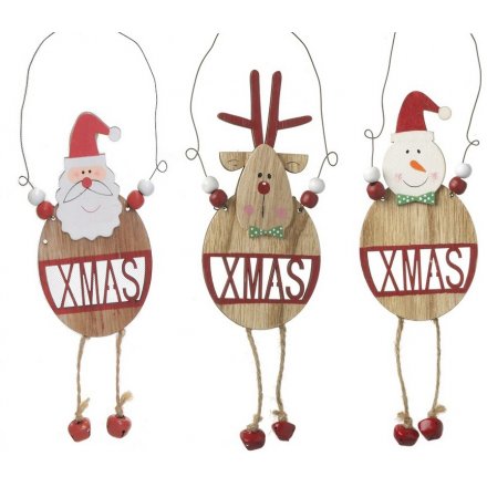 Santa / Snowman / Reindeer Bell Hangers, 3 Assorted