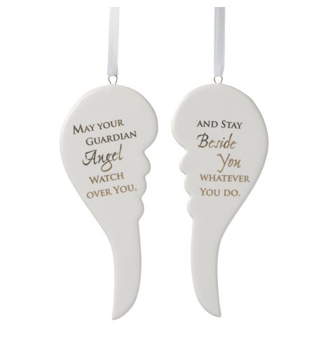 White ceramic angel wings with a printed silver Guardian angel slogan and organza ribbon hanger.