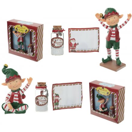A mix of two jolly elf figures with a message to Santa and wish bottle. The perfect gift creating a magical Christmas.
