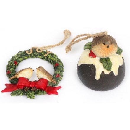 Hanging Robins On Wreath/Pudding, 2 Assorted