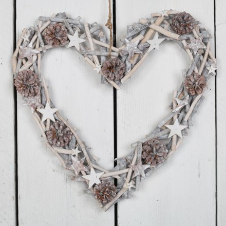 Whitewashed Heart with Pinecones and Stars