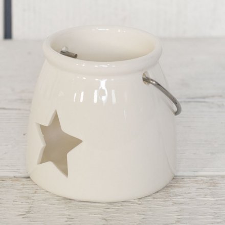 White Ceramic T-Light Holder With Star