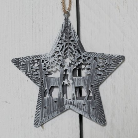 Grey Metal Woodland Star Decoration 12cm