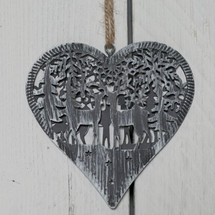 Grey Metal Heart Tree Decoration 12cm