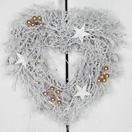 White Twig Heart Wreath with Gold Berries 36cm