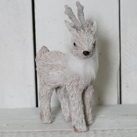 Whitewashed Reindeer With Faux Fur Collar 29.5cm