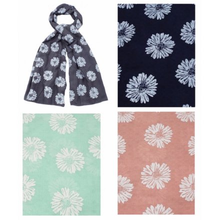 An assortment of 3 scarves in popular colours. Each has a pretty daisy design.