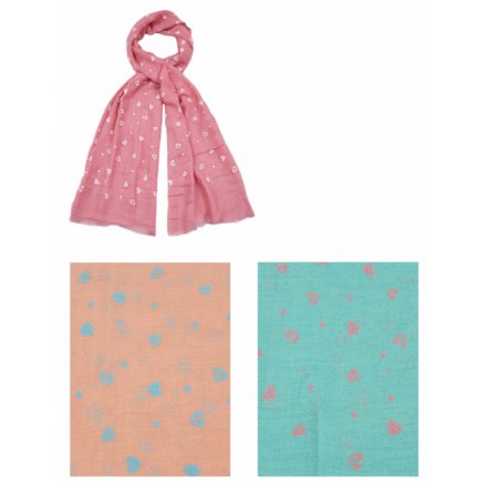 A mix of 3 pastel coloured scarves with pretty heart patterns. A great seasonal fashion accessory.