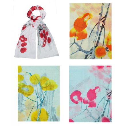 A mix of 4 brightly coloured summer poppy design scarves. A light weight fashion accessory perfect for the season.