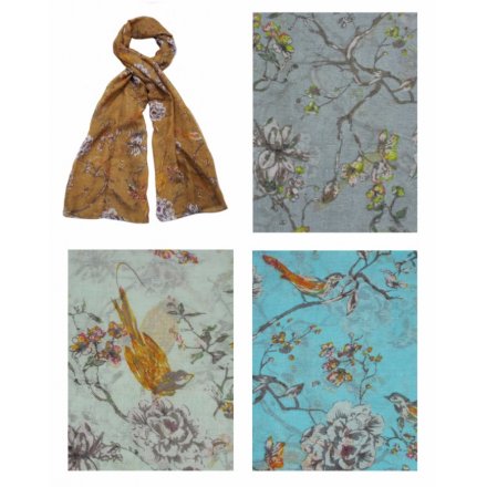 A mix of 4 colourful Spring scarves with a bird design and a touch of glitter.