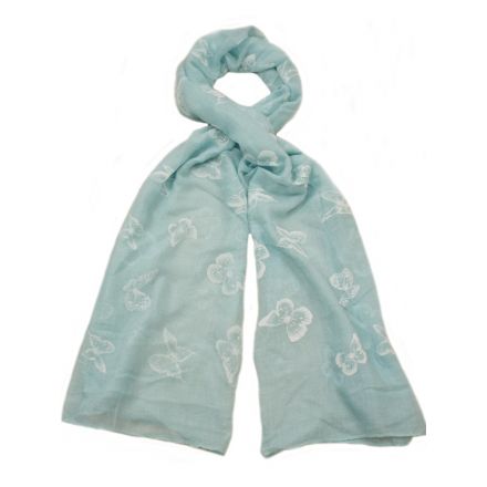 Grey, white, blue and green pastel coloured scarves with a delicate butterfly design.