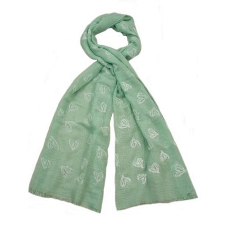 Grey, blue and green pastel coloured scarves with a pretty white heart pattern. A lovely gift item and fashion accessory