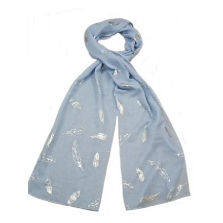 An assortment of 4 beautiful soft coloured scarves with a silver foil feather design.